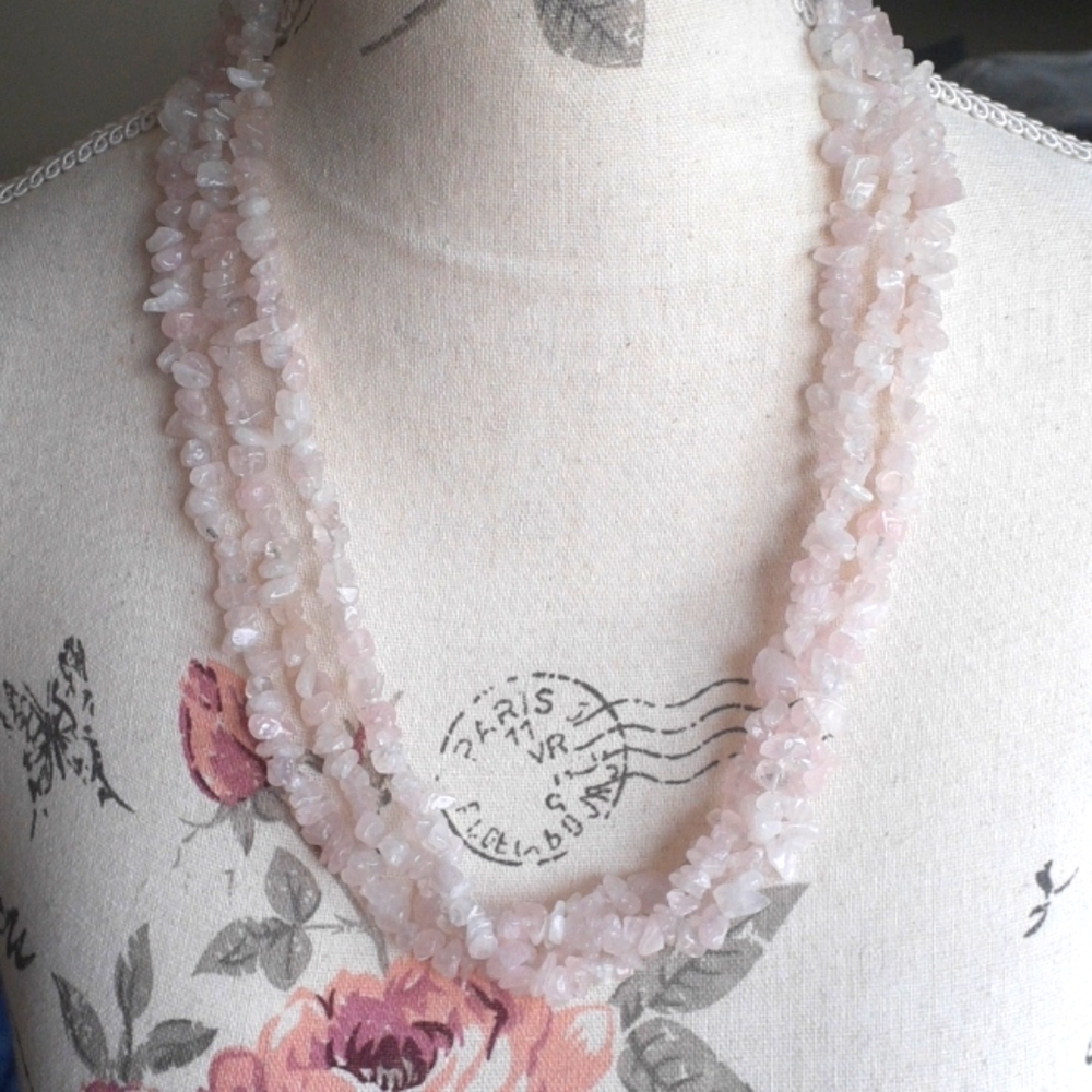 + Natural rose quartz nugget triple strand Necklace